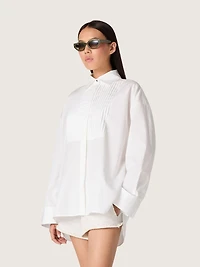 Women's oversized shirt white cotton with pleated detail and jewel buttons