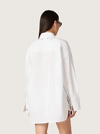 Women's oversized shirt white cotton with pleated detail and jewel buttons