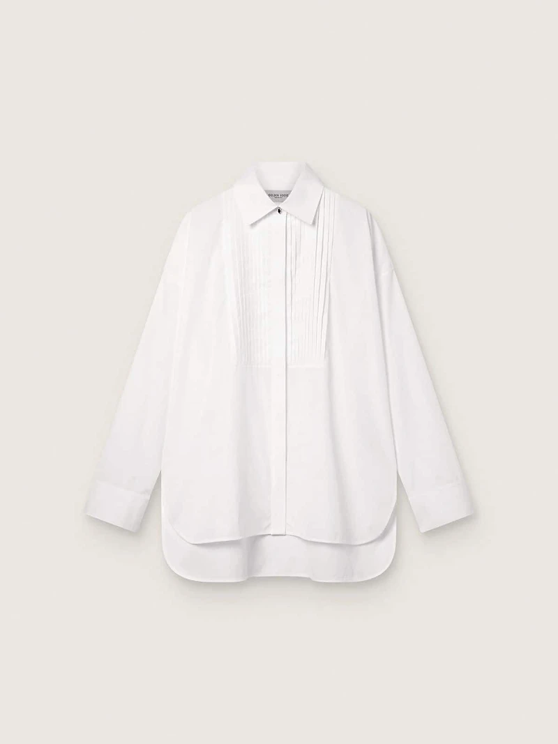 Women's oversized shirt white cotton with pleated detail and jewel buttons
