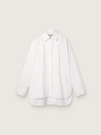 Women's oversized shirt white cotton with pleated detail and jewel buttons