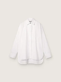 Women's oversized shirt white cotton with pleated detail and jewel buttons