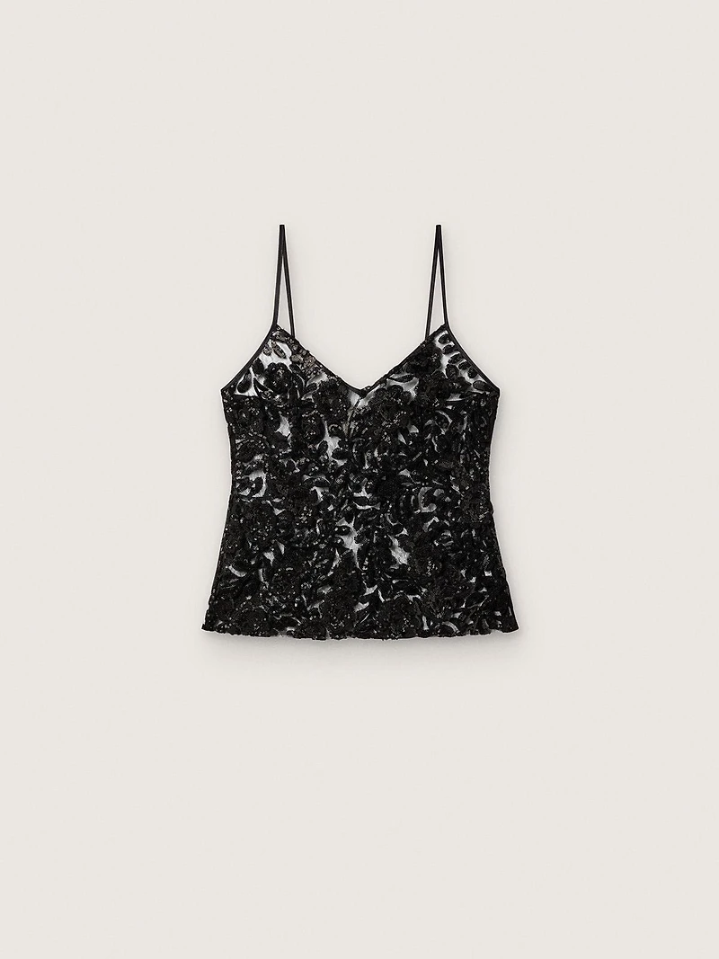 Women's top black tulle with floral pattern sequins