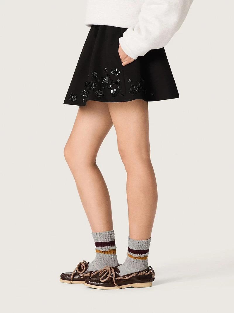 Women’s miniskirt black cotton twill with floral sequin embroidery