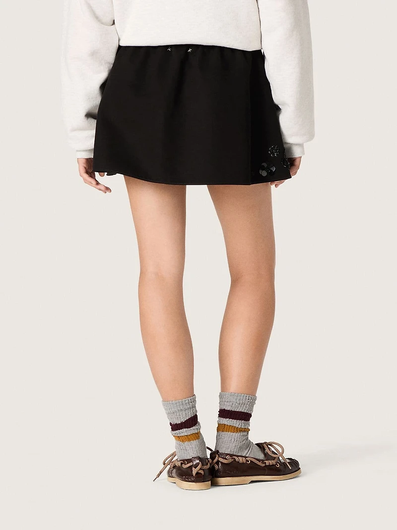 Women’s miniskirt black cotton twill with floral sequin embroidery