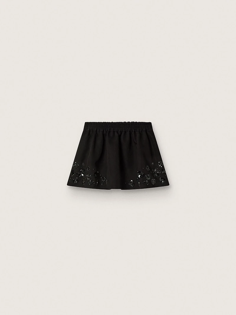 Women’s miniskirt black cotton twill with floral sequin embroidery