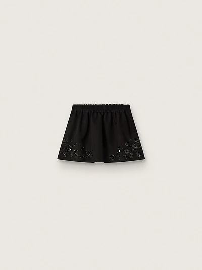 Women’s miniskirt black cotton twill with floral sequin embroidery