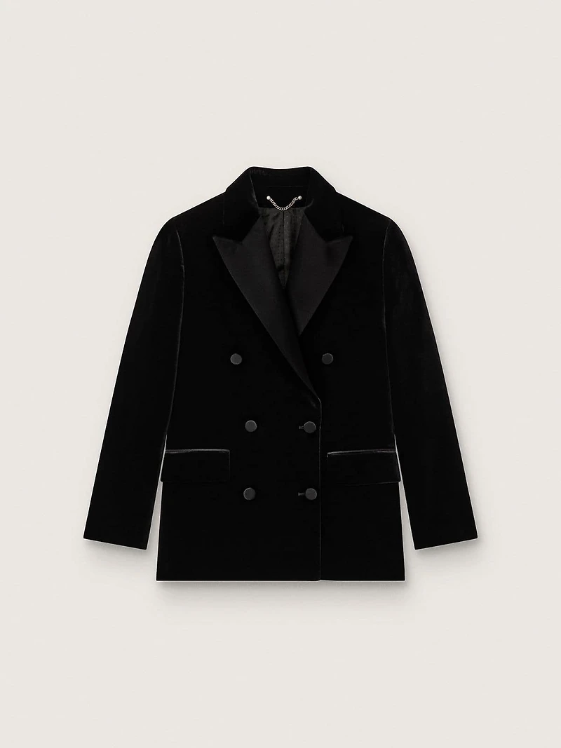 Women's double-breasted jacket black velvet with satin lapels