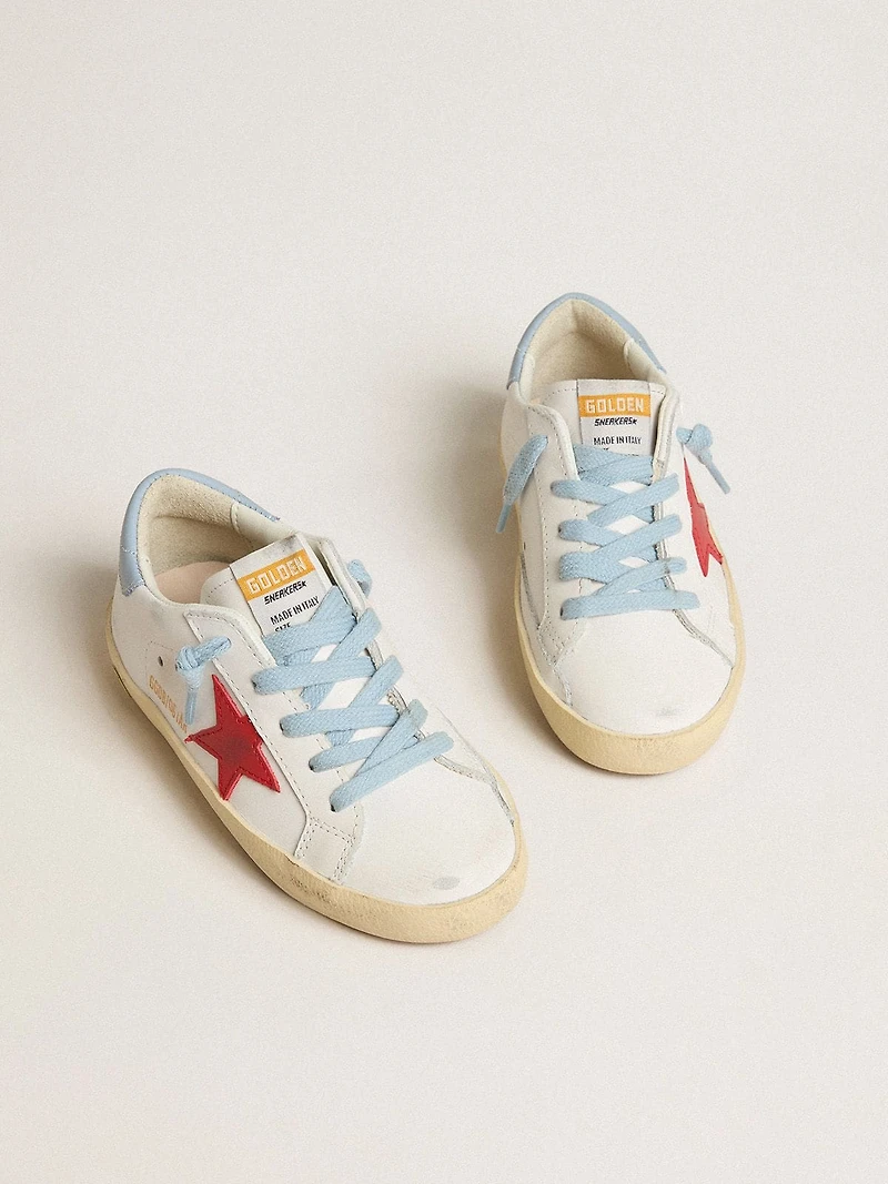 Super-Star Young white leather with red star and light blue heel tab