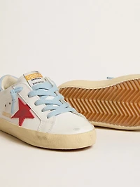 Super-Star Young white leather with red star and light blue heel tab