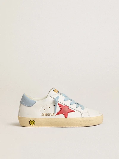 Super-Star Young white leather with red star and light blue heel tab