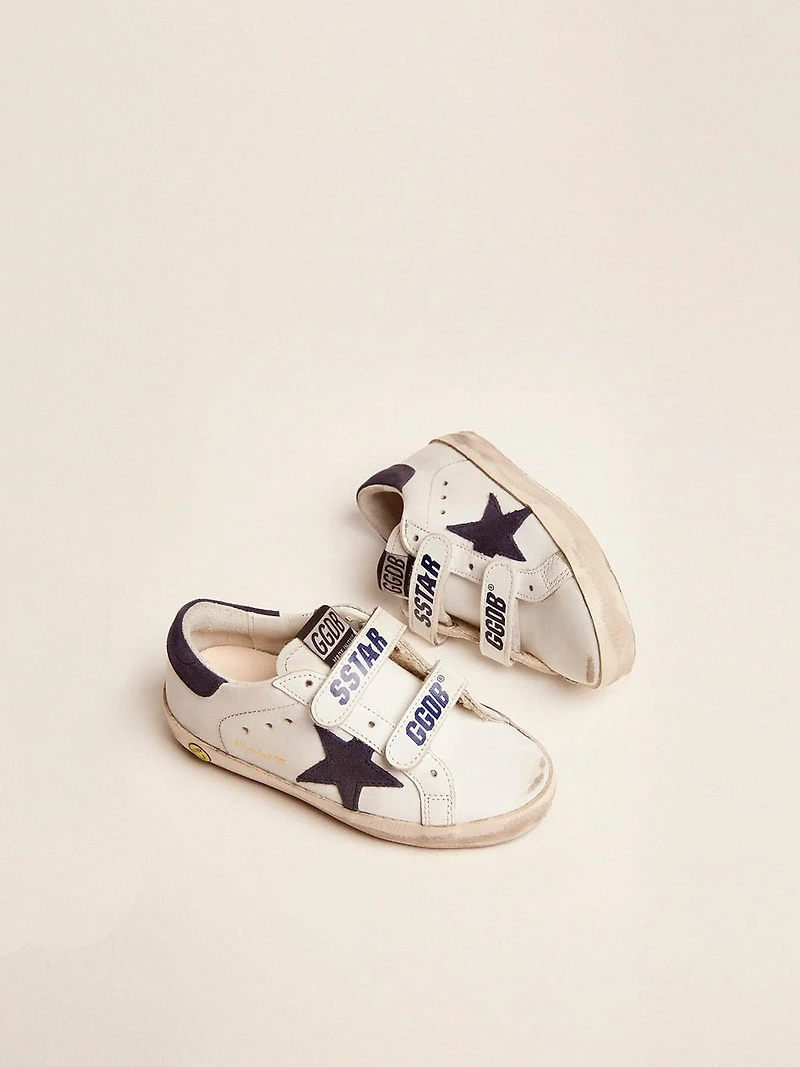 Old School Young white leather with blue suede star and heel tab