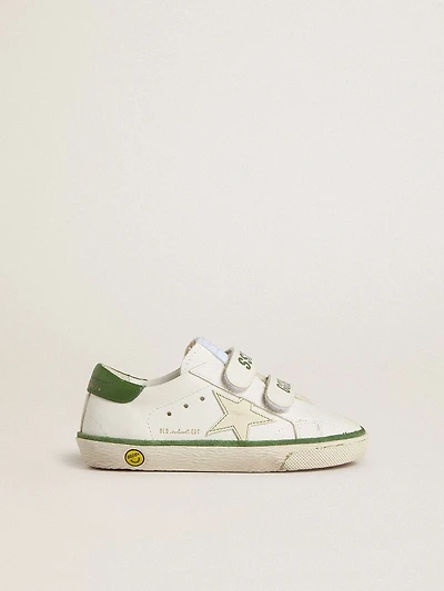 Young Old School white leather with green nappa heel tab and insert