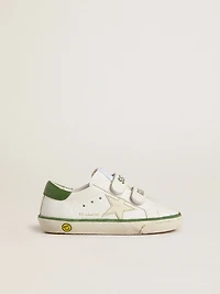 Young Old School white leather with green nappa heel tab and insert