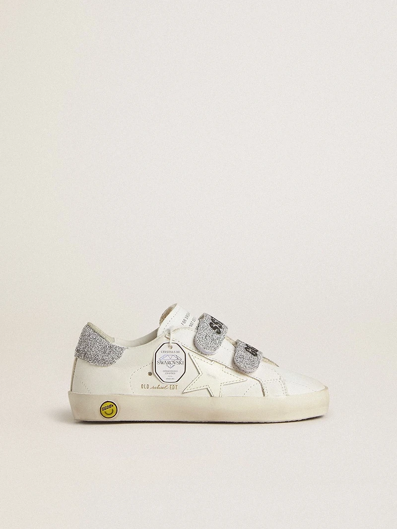 Young Old School white leather with silver Swarovski crystal heel tab and straps