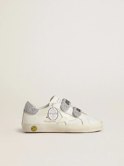 Young Old School white leather with silver Swarovski crystal heel tab and straps
