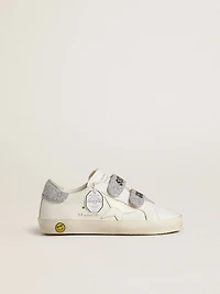 Young Old School white leather with silver Swarovski crystal heel tab and straps