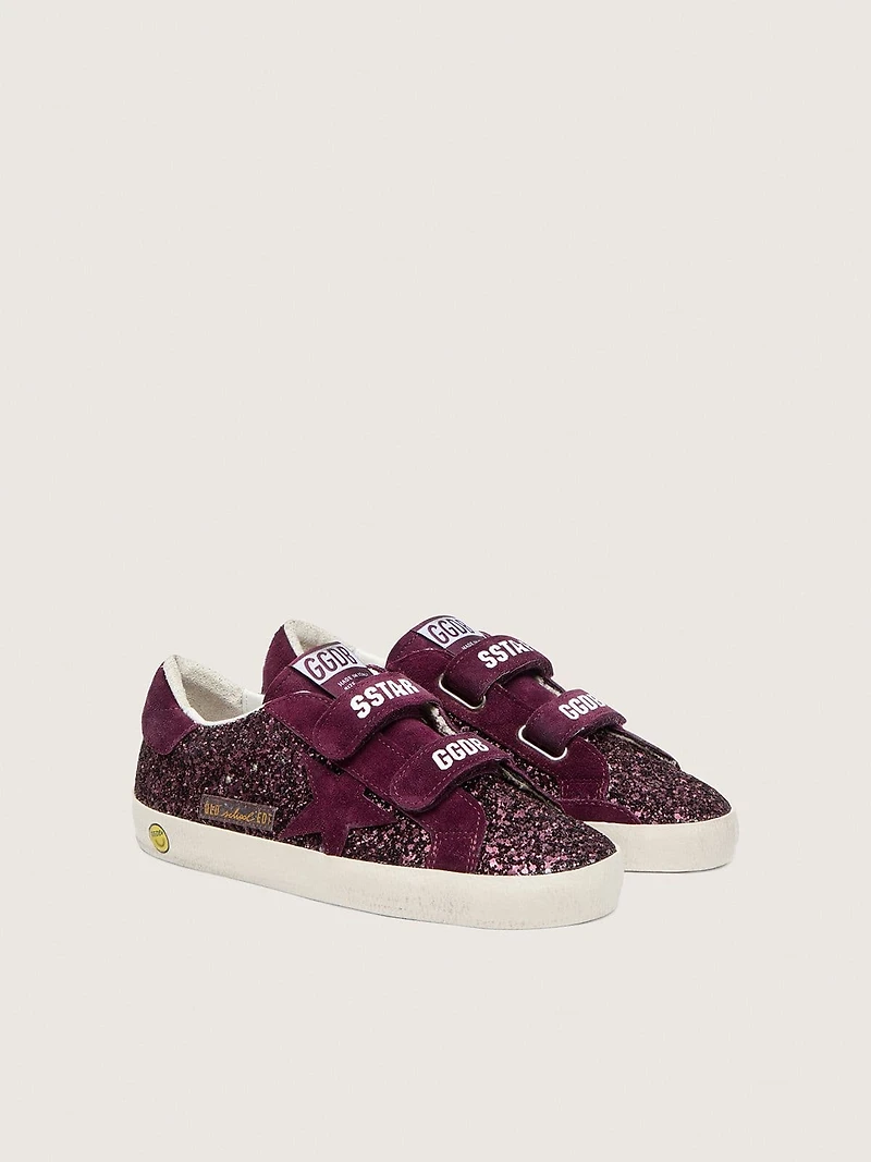 Young Old School burgundy glitter with suede star and heel tab