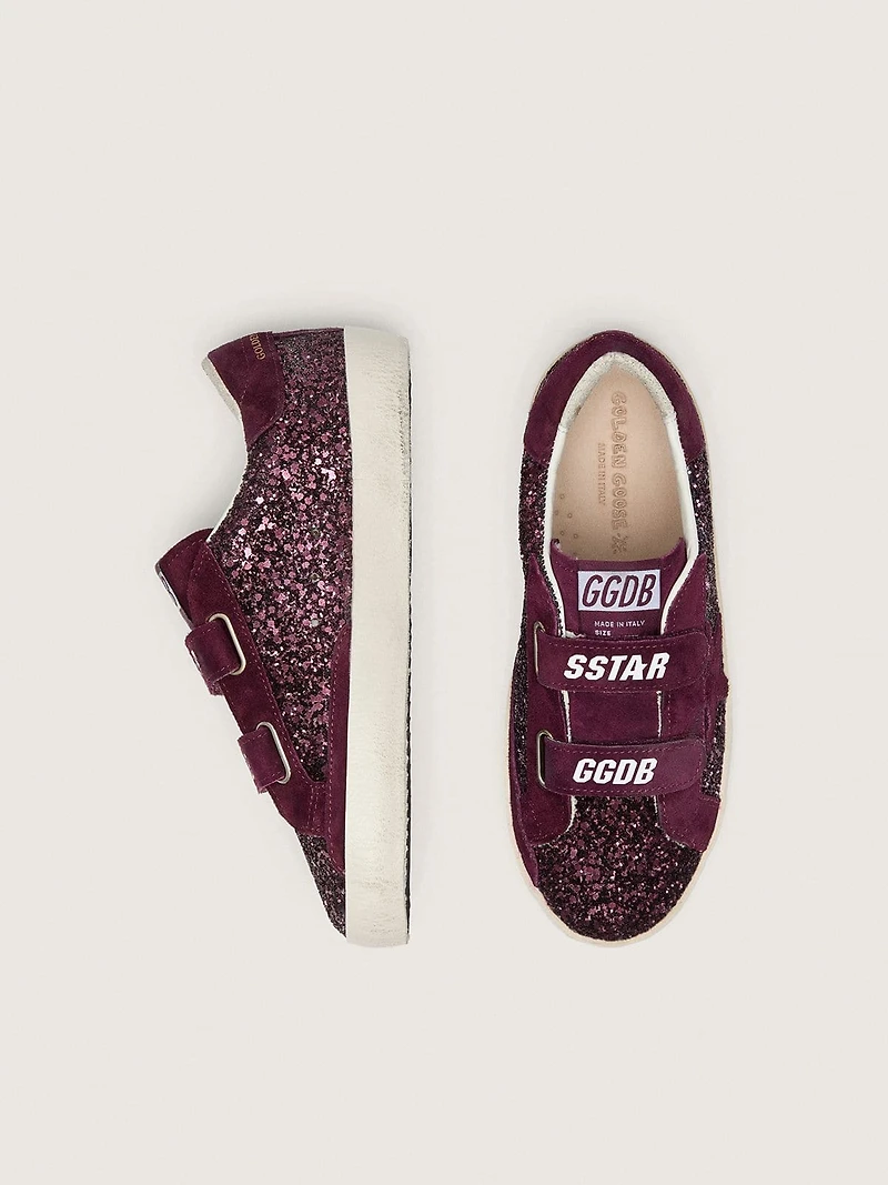 Young Old School burgundy glitter with suede star and heel tab