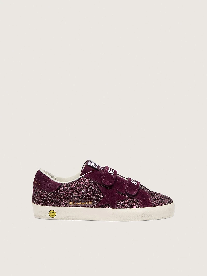 Young Old School burgundy glitter with suede star and heel tab