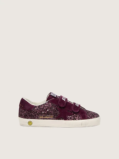 Young Old School burgundy glitter with suede star and heel tab