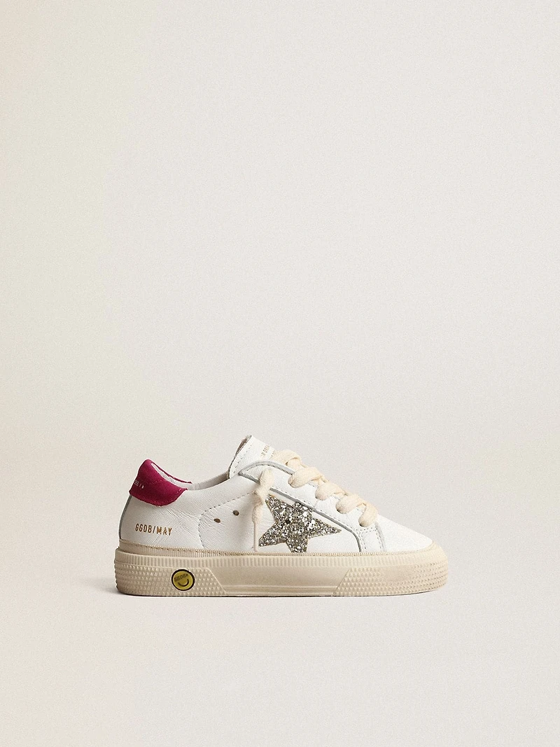 May Young in nappa leather with platinum glitter star and magenta heel tab