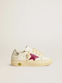 May Young with fuchsia glitter star and metallic leather heel tab