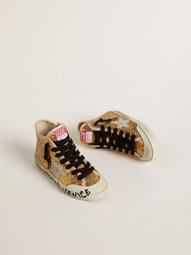 Young Francy Penstar gold sequins with ice-gray suede star