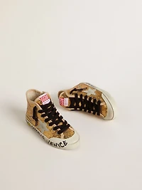 Young Francy Penstar gold sequins with ice-gray suede star