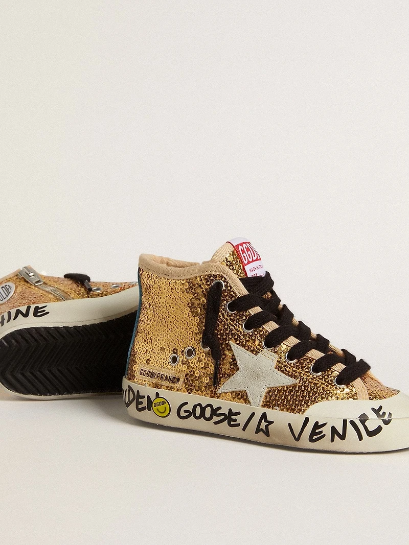 Young Francy Penstar gold sequins with ice-gray suede star