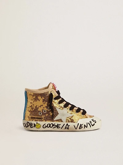 Young Francy Penstar gold sequins with ice-gray suede star
