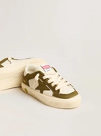 May Young in white and military green leather