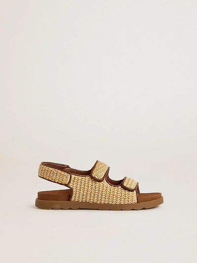 Young Noa sandals beige raffia and brown leather