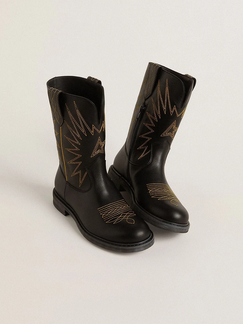 Wish Young boots black leather with yellow star embroidery