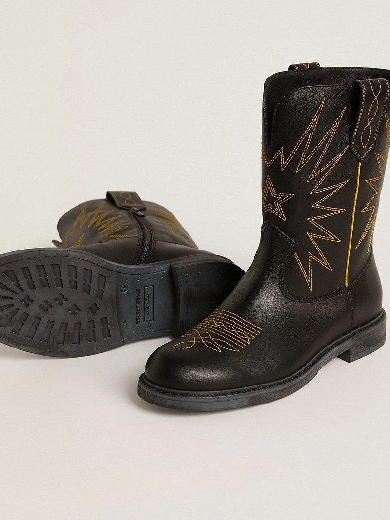 Wish Young boots black leather with yellow star embroidery