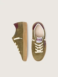 Young Super-Star military-green suede with burgundy leather star and heel tab