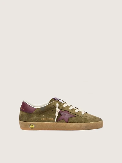 Young Super-Star military-green suede with burgundy leather star and heel tab