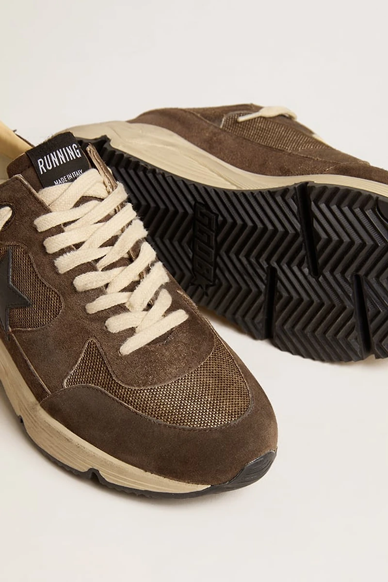 Men's Running Sole brown mesh and suede with shiny black leather star