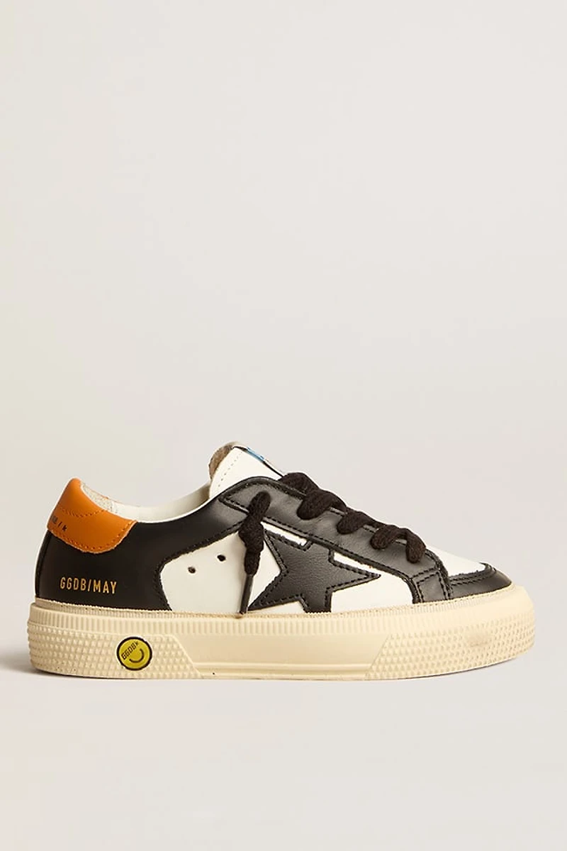 May Teen in black and white leather with black star and orange heel tab