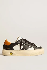 May Teen in black and white leather with black star and orange heel tab