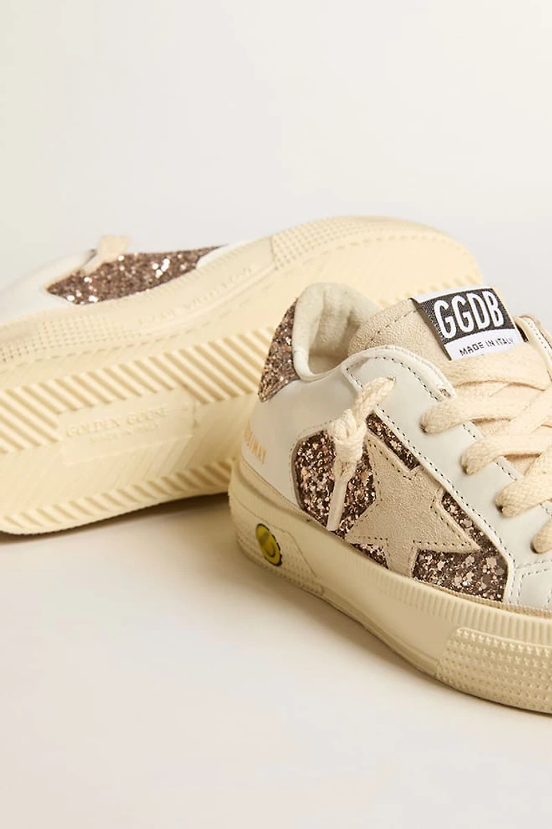 May Teen in white leather and rose gold glitter with beige suede star