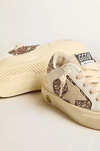 May Teen in white leather and rose gold glitter with beige suede star