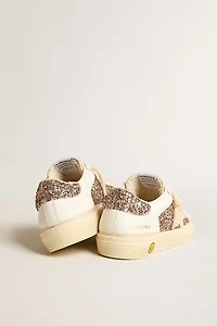 May Teen in white leather and rose gold glitter with beige suede star
