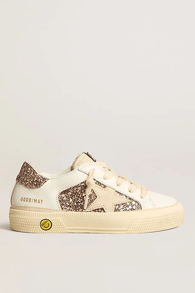 May Teen in white leather and rose gold glitter with beige suede star