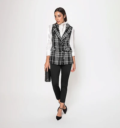 Tweed Vest with Decorative Pockets and Buttons