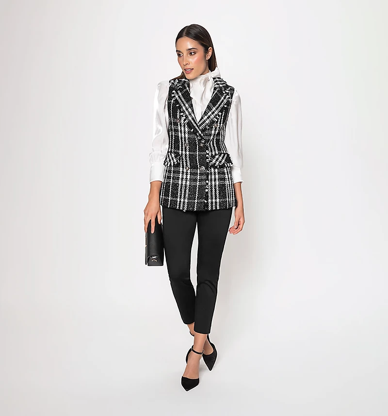 Tweed Vest with Decorative Pockets and Buttons