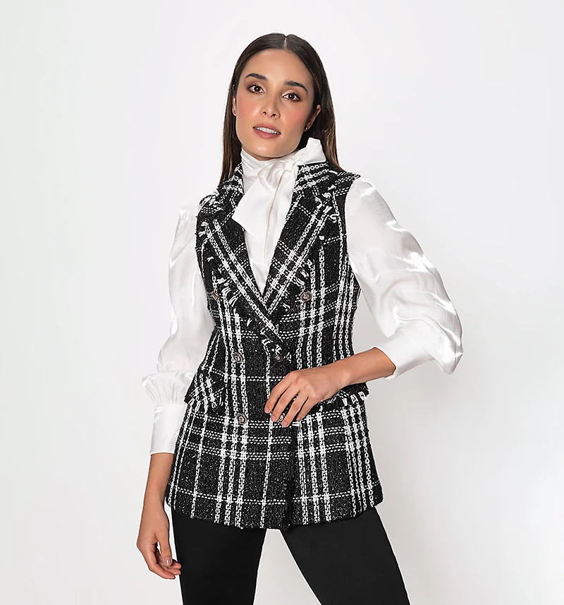 Tweed Vest with Decorative Pockets and Buttons