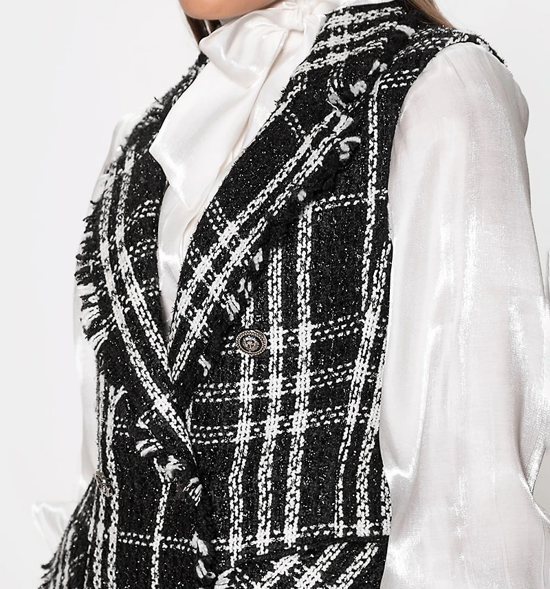 Tweed Vest with Decorative Pockets and Buttons