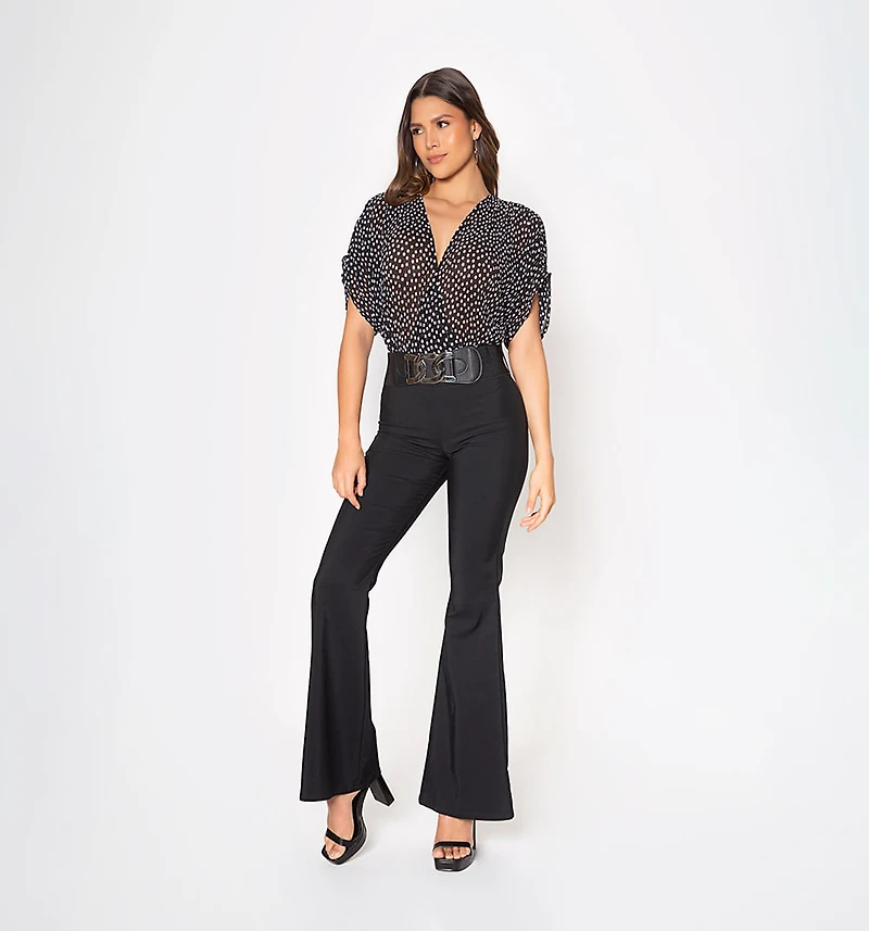 Flared Jumpsuit with Short Bell Sleeves and Fabric Combination