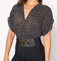 Flared Jumpsuit with Short Bell Sleeves and Fabric Combination