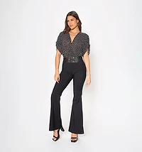 Flared Jumpsuit with Short Bell Sleeves and Fabric Combination
